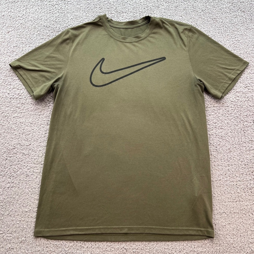 Nike Legend Short Sleeve Tee Mens Large Olive Green Black Outline Swoosh Graphic